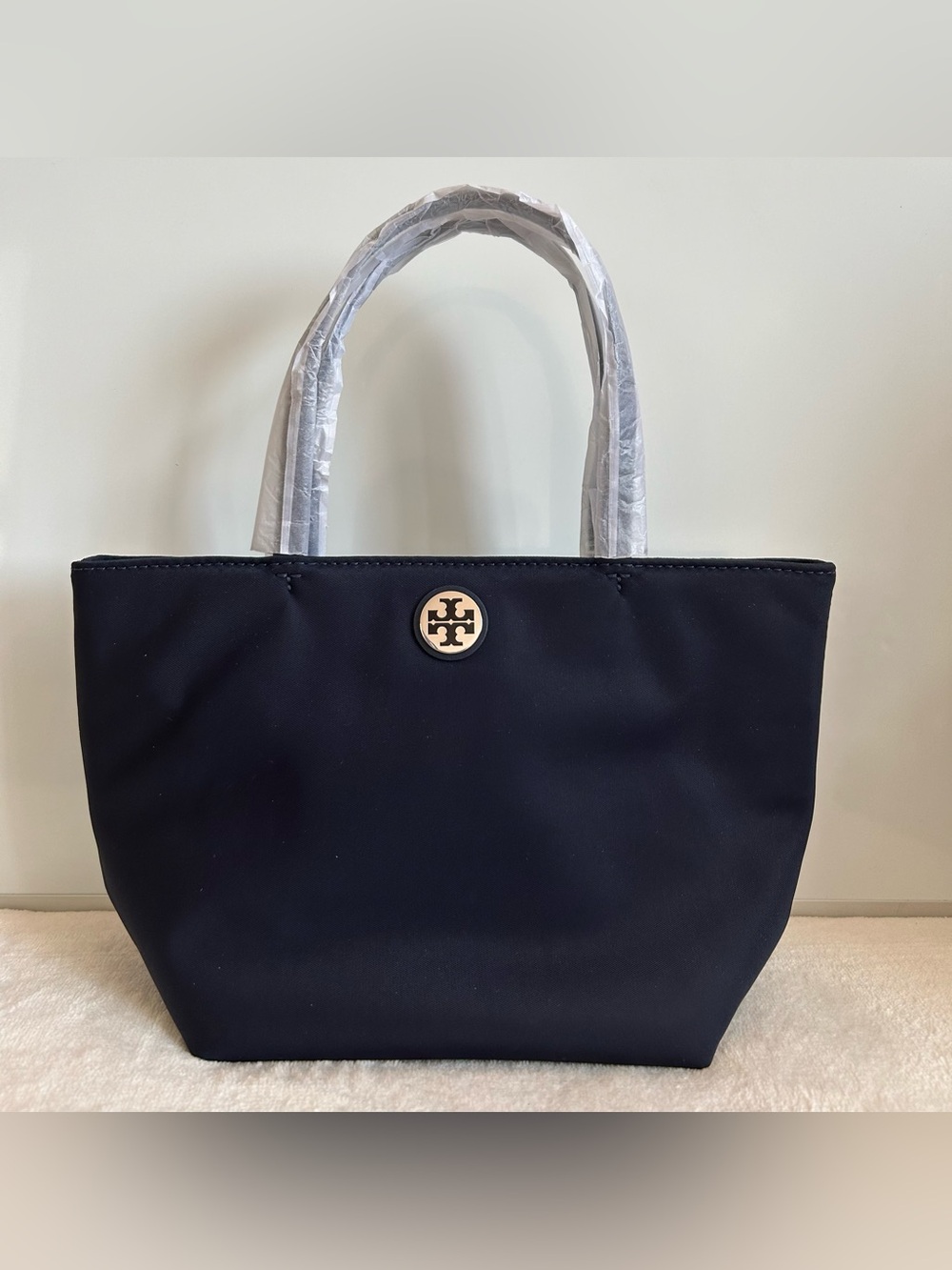 Tory Burch Navy Nylon Mini Tote with Gold Logo